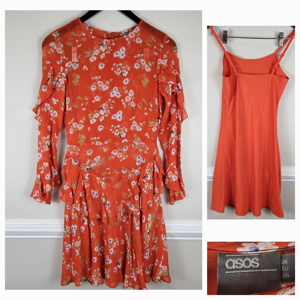 ASOS Crepe Sheer Peplum Ruffle Shoulder Dress Fully Lined Size 0 Red Floral 0820